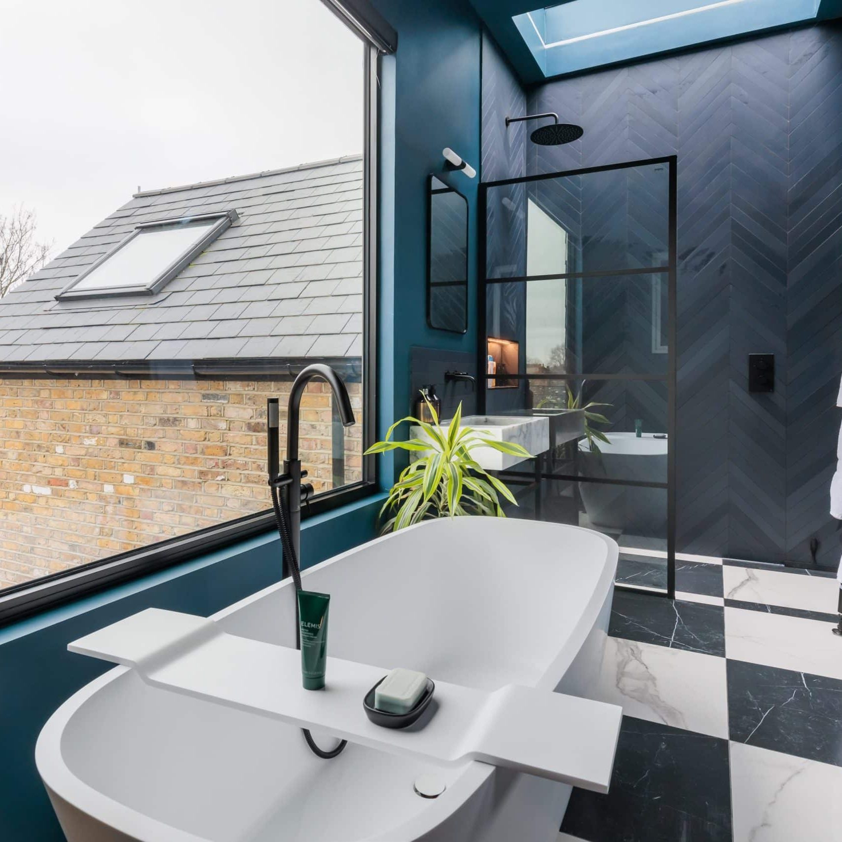 dark blue bathroom